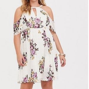 Ivory Floral High Neck Chiffon Skater Dress